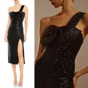 Mac Duggal New SEQUINED ONE SHOULDER FRONT BOW DRESS Black Size 8